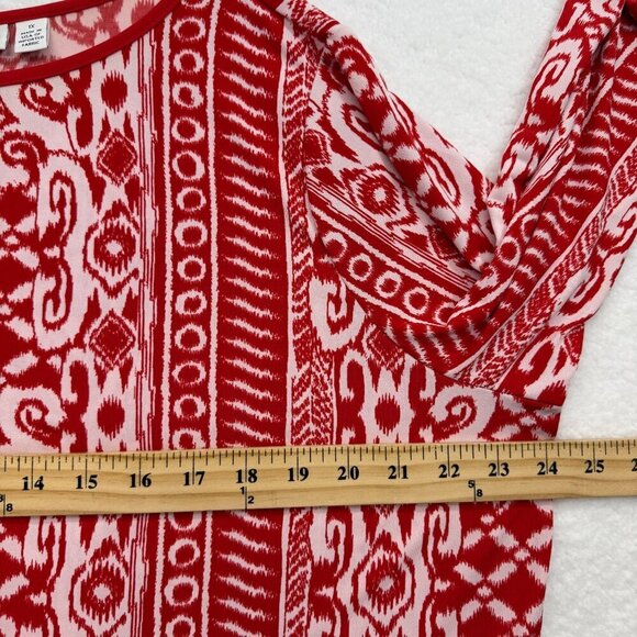 Susan Graver Liquid Knit Top Bold Red Print Keyhole Front Travel Comfort Size 1X - Picture 8 of 10